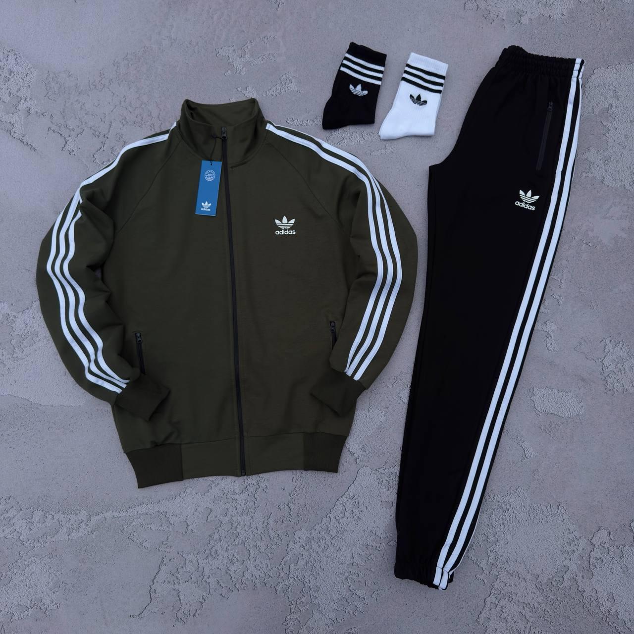 Чоловічий спортивний костюм Adidas Кофта на змійці + Штани + Шкарпетки в подарунок хакі з чорним Адідас весняний