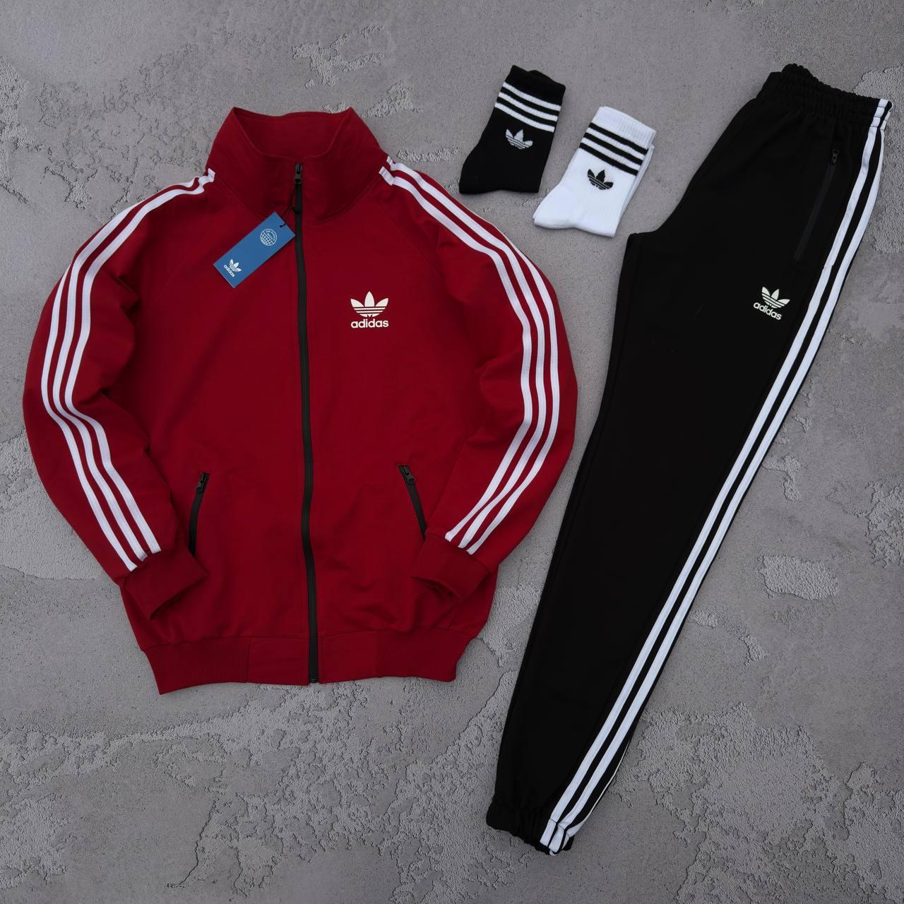 Чоловічий спортивний костюм Adidas Кофта на змійці + Штани + Шкарпетки в подарунок червоний з чорним Адідас весняний