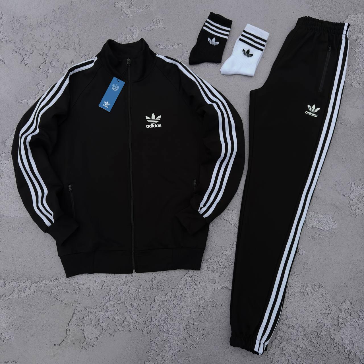 Чоловічий спортивний костюм Adidas Кофта на змійці + Штани + Шкарпетки в подарунок чорний Адідас весняний
