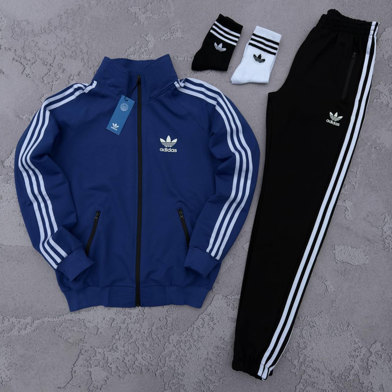 Чоловічий спортивний костюм Adidas Кофта на змійці + Штани + Шкарпетки в подарунок синій з чорним Адідас весняний