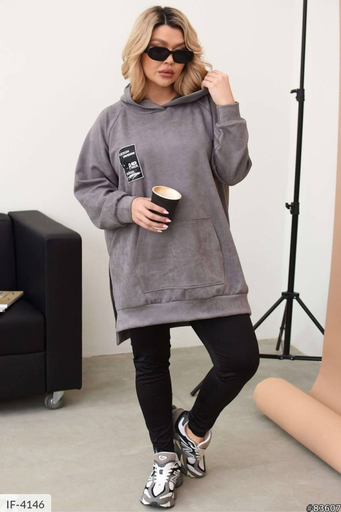 Костюм прогулянковий жіночий стильний модний весняний з довгим худі вільного фасону із замші р-ри 50-60