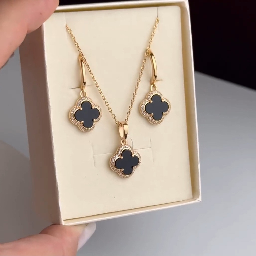 Срібний комплект в позолоті Срібний набір в позолоті Конюшина Сережки Кулон Ланцюжок 13 мм