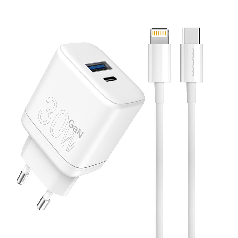 Комплект швидкого заряджання для iPhone WUW T64 GaN USB 18W TYPE-C PD 30W + USB кабель Type-C - Lightning Білий