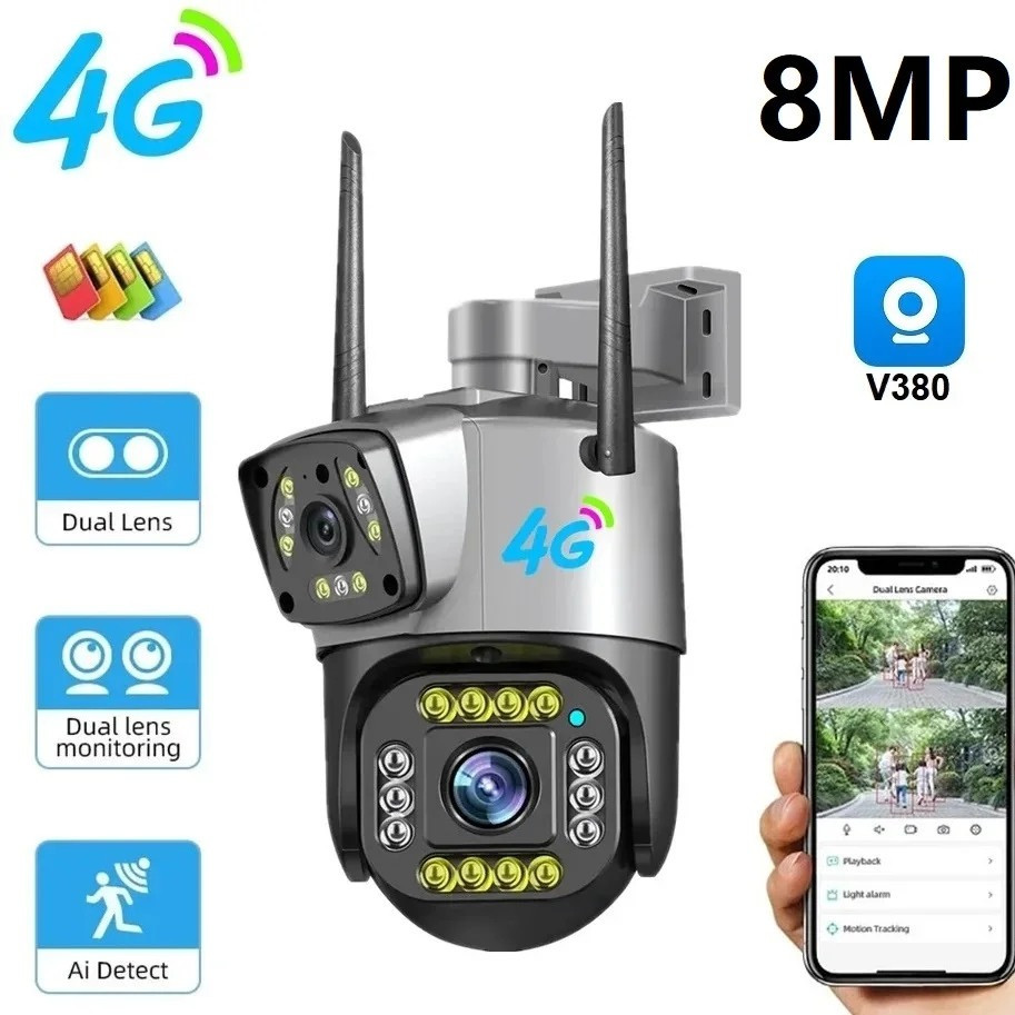 Камера спостереження 4g під сім карту 8 Мп  два об'єктиви IP поворотна з датчиком руху V380p, фото 1