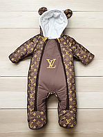 Дитячий комбінезон на 0-3 міс. 68-74см з преміум-плащівки - з вушками ведмедика - Шоколадний LV - зимовий