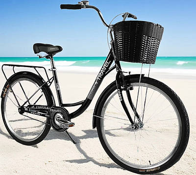 Чорний жіночий велосипед Дорожній педальний велотранспорт лисапед Колеса 26" Кошик Ножне гальмо Дзвіночок