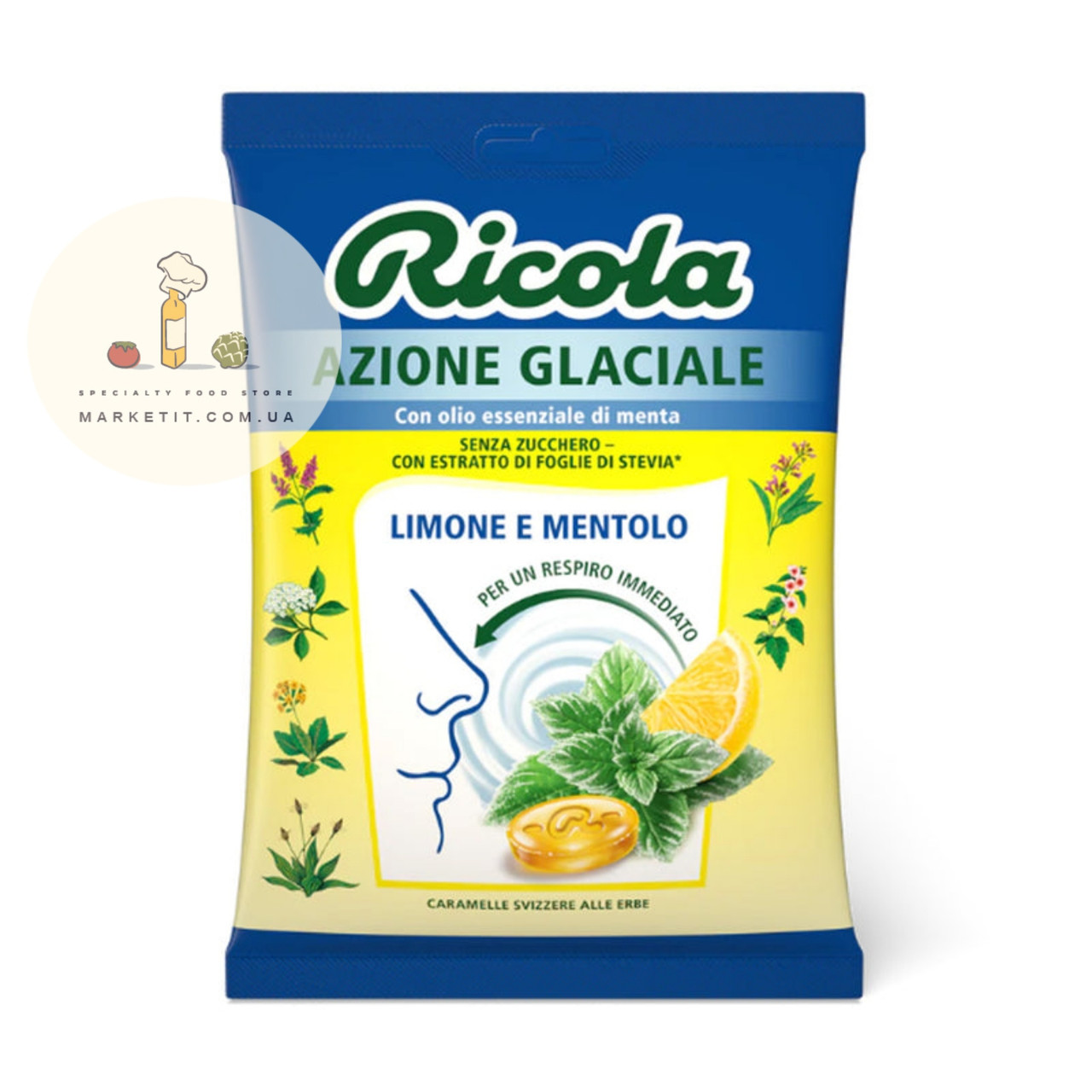 Льодяники Ricola Limone e Mentholo Azione Glaciale, з ефірною олією м'яти та лимона без цукру 70 г., фото 1