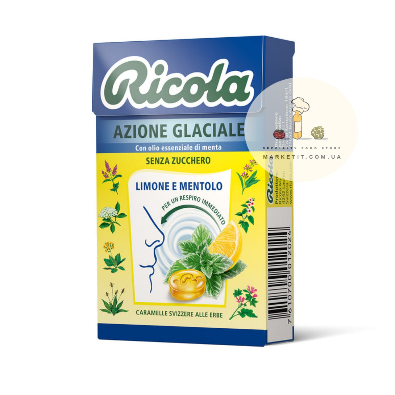 Льодяники Ricola Limone e Mentholo Azione Glaciale, з ефірною олією м'яти та лимона без цукру 50 г., фото 1