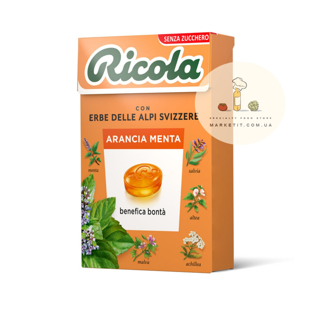 Льодяники Ricola Arancia Menta, альпійські трави з апельсином і м'ятою, без цукру 50 г., фото 1