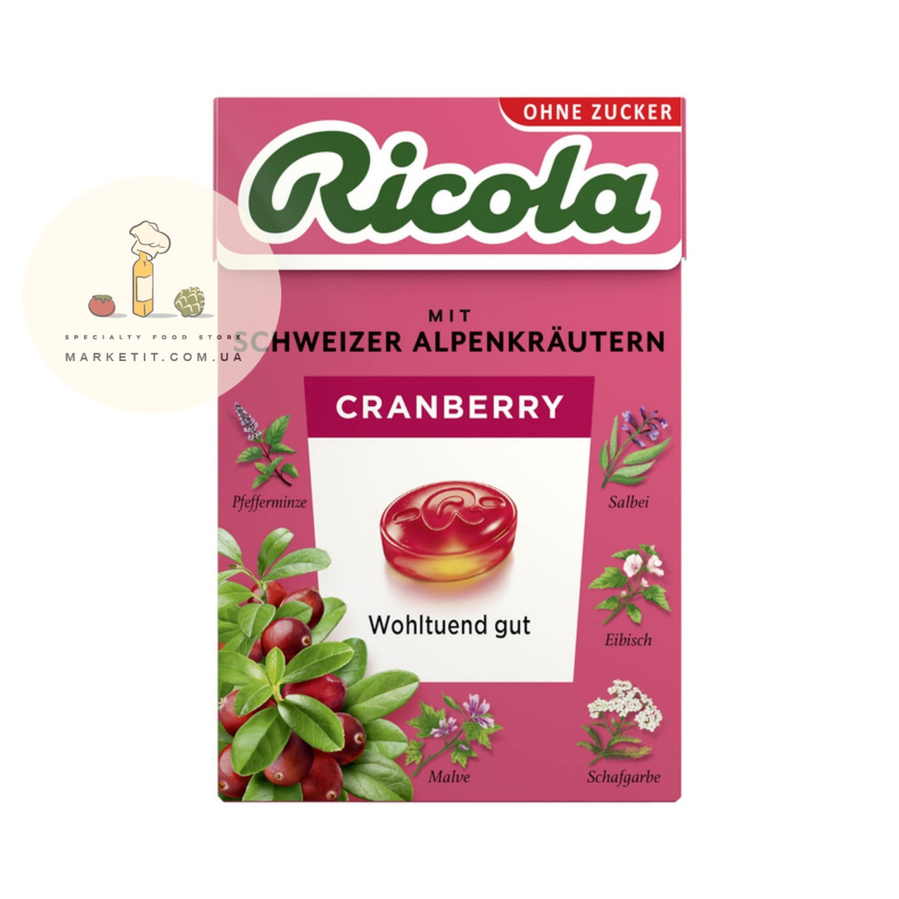 Льодяники Ricola Cranberry, альпійські трави з журавлиною, без цукру 50 г., фото 1