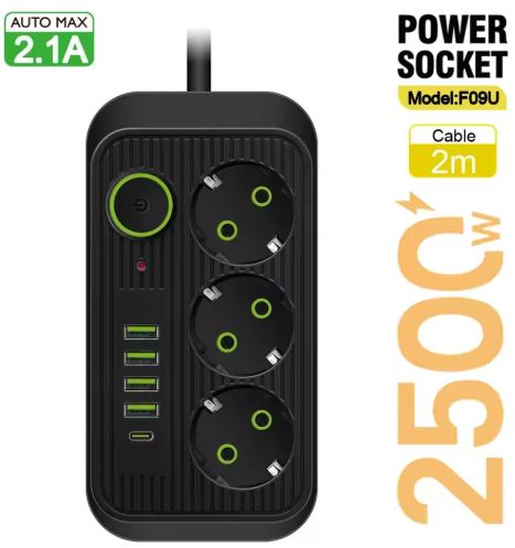 Мережевий фільтр Voltronic F09U, подовжувач переноска на 3 розетки EU + 4 USB + 1PD, кнопка включення 2 м