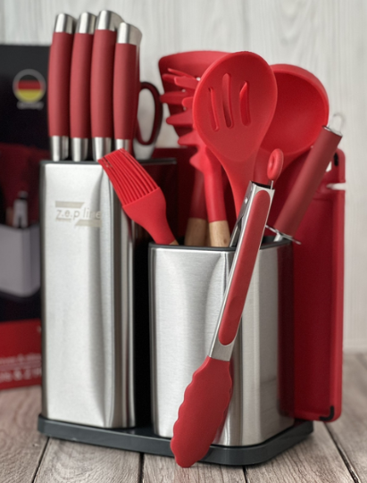 Аксесуари та приладдя для кухні з підставкою, 17 предметів, набір ножів з нержавіючої сталі, фото 1