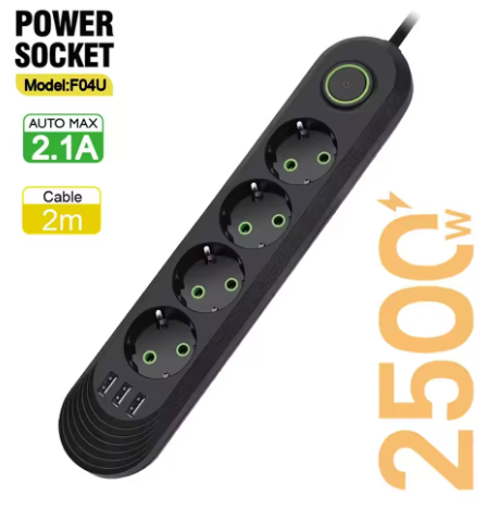 Мережевий фільтр Voltronic  4 розетки EU + 3 USB, кнопка включення з індикатором, 2 м, 3х0.75мм, 2500W, Black