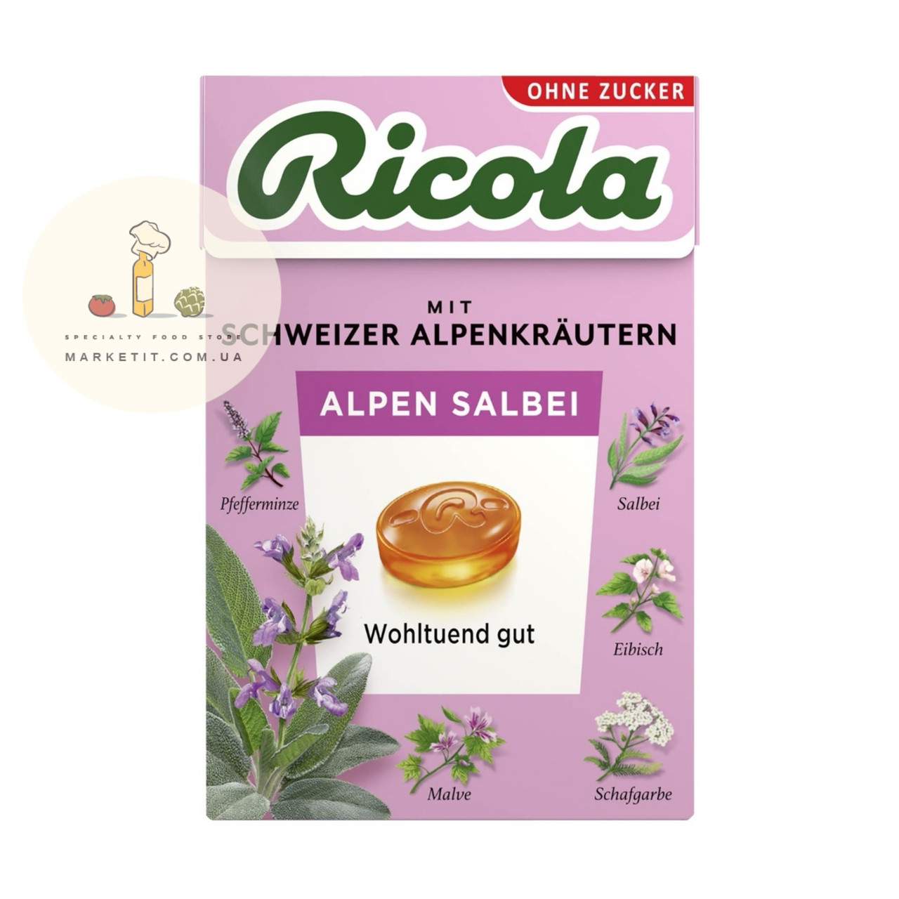 Льодяники Ricola Alpen Salbei, альпійські трави з шавлією, без цукру 50 г., фото 1