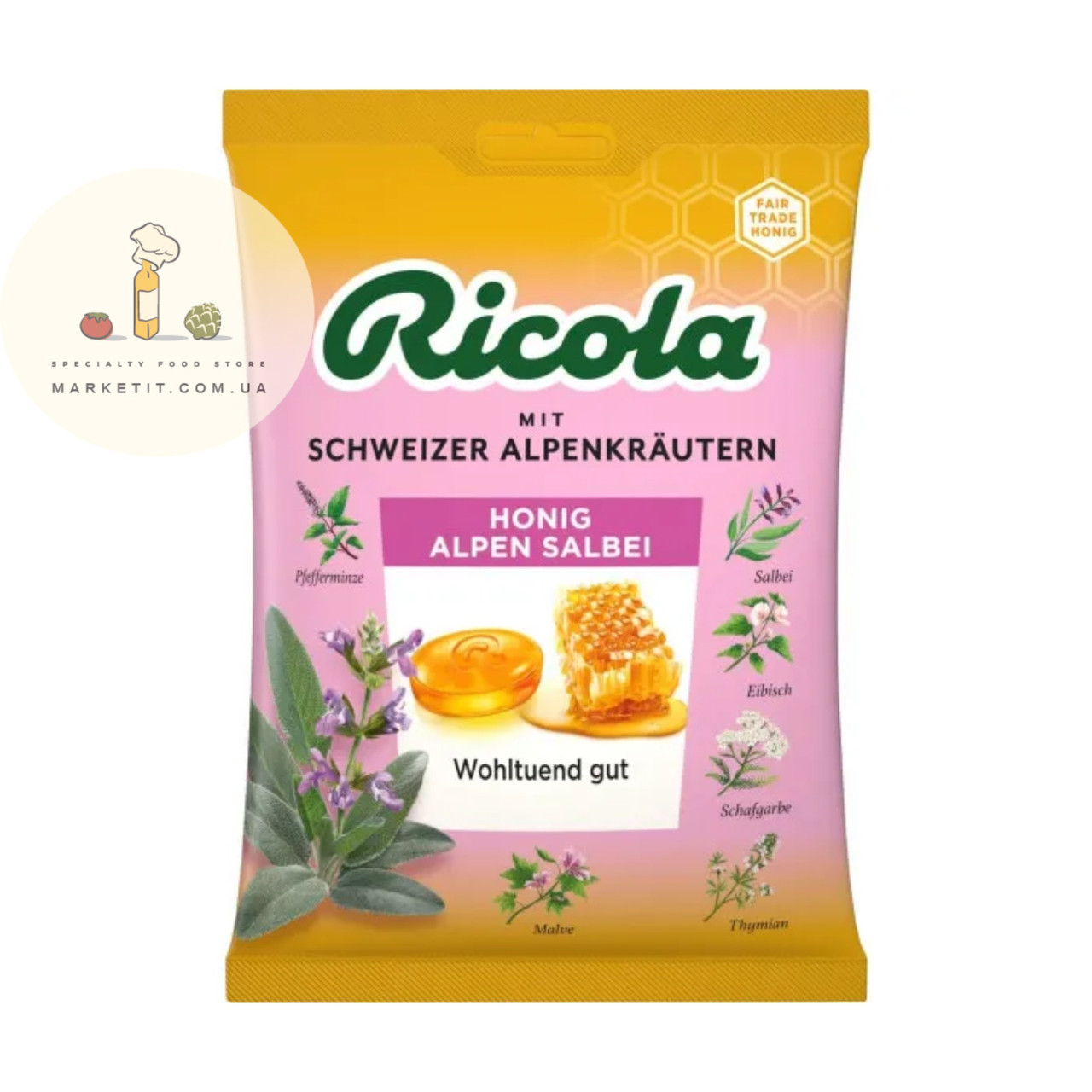 Льодяники Ricola Honig Alpen Salbei альпійські трави з шавлією та медом, без цукру 70 г., фото 1