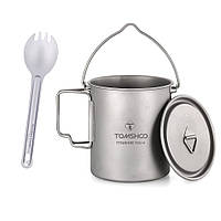 Титановая чашка казанок TOMSHOO 750 мл + ложка вилка, кружка котелок из титана для туристических походов