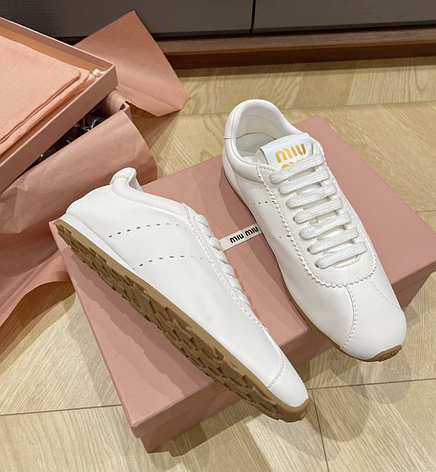 Жіночі білі шкіряні кеди Miu Miu Plume на платформі Міу Міу шкіряні кросівки, фото 1