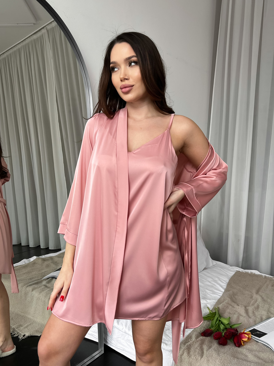 НАБІР ХАЛАТ+СОРОЧКА ШОВКОВИЙ РОЖЕВИЙ 110Z, фото 1