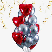 Фольговані та повітряні кулі хром срібло набір Червоне серце 17 шт
