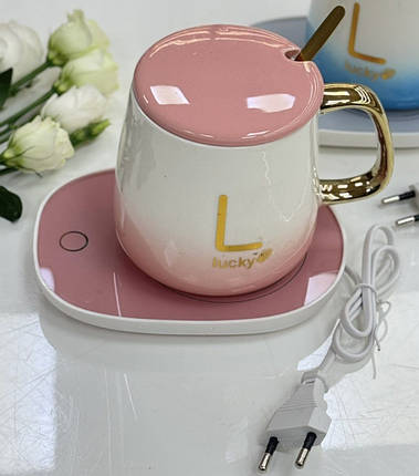 Кружка з кришкою ложкою та підігрівальним блюдцем "Лакі-пінк" 350 мл 8030-341, фото 1