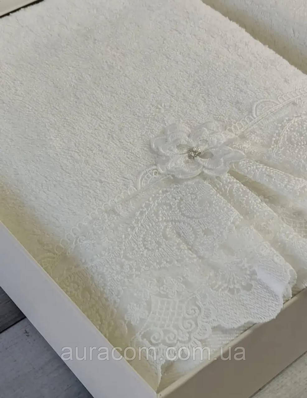 Кремові рушники з бамбука, з мереживом, аплікацією, у наборі, Pupilla romantik bambuk, Туреччина