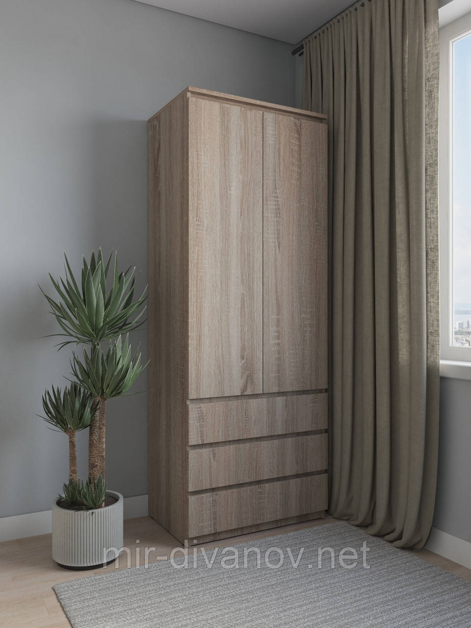 Шафа для одягу зі штангою та трьома ящиками без ручок Дуб Сонома Трюфель, фото 1