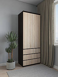 Шафа для одягу зі штангою та трьома ящиками без ручок Венге+Сонома
