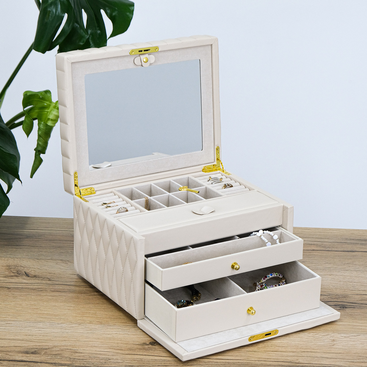 Кремова шкатулка для прикрас з дзеркалом екошкіра багатоярусна 30.5*24*18.5 см Гранд Презент YHF-073