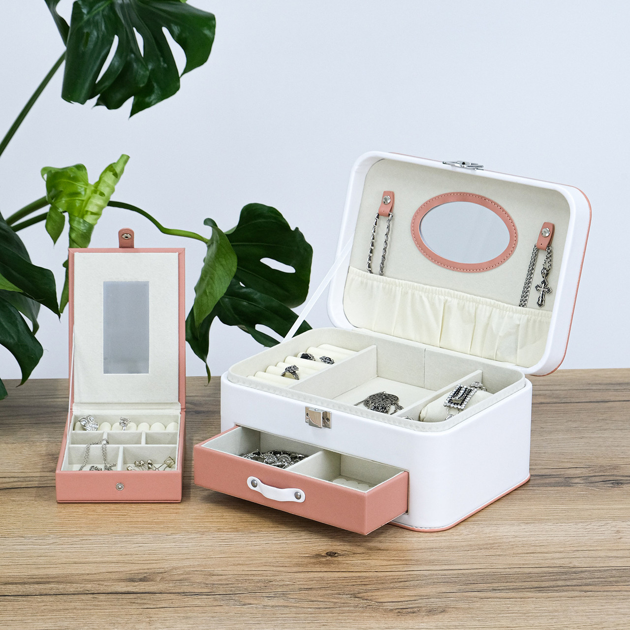 Багатошарова шкатулка для подорожей біла з помаранчевою вставкою і дзеркалом 28*20*14 см Гранд Презент YHF-004