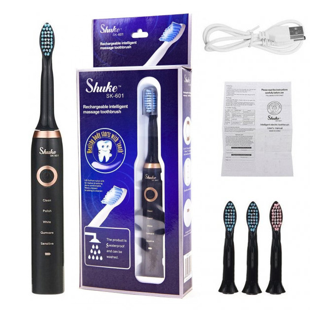 Електрична щітка Shuke SK-601 акумуляторна. Ультразвукова щітка для зубів + 3 насадки. Колір: чорний, фото 1