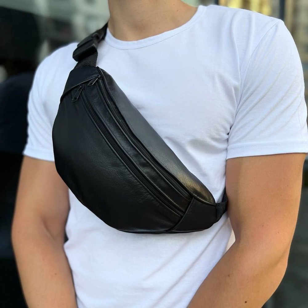 Бананка з натуральної шкіри, сумка чоловіча-жіноча барсетка чорна сумочка, фото 1