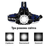 Налобний ліхтар Bailong BL-T24-P50 акумуляторний LED/Zoom 3 режими роботи, ліхтар на голову для риболовлі, фото 7