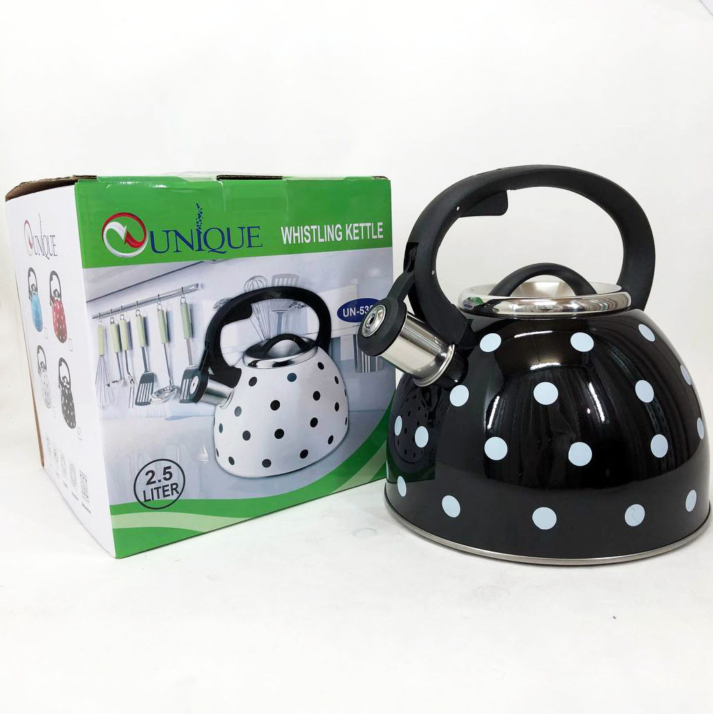 Чайник із свистком для газової плити Unique UN-5301 2,5л горошок, гарний чайник. Колір: чорний, фото 1