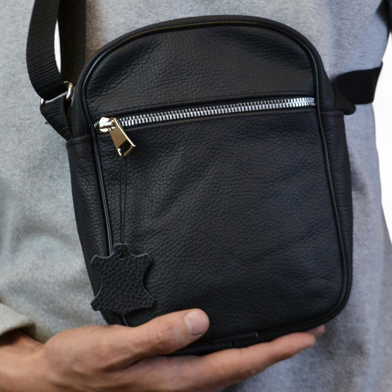 Сумка з натуральної шкіри чоловіча, месенджер шкіряний чорний, якість, чоловіча сумка через плече, фото 1