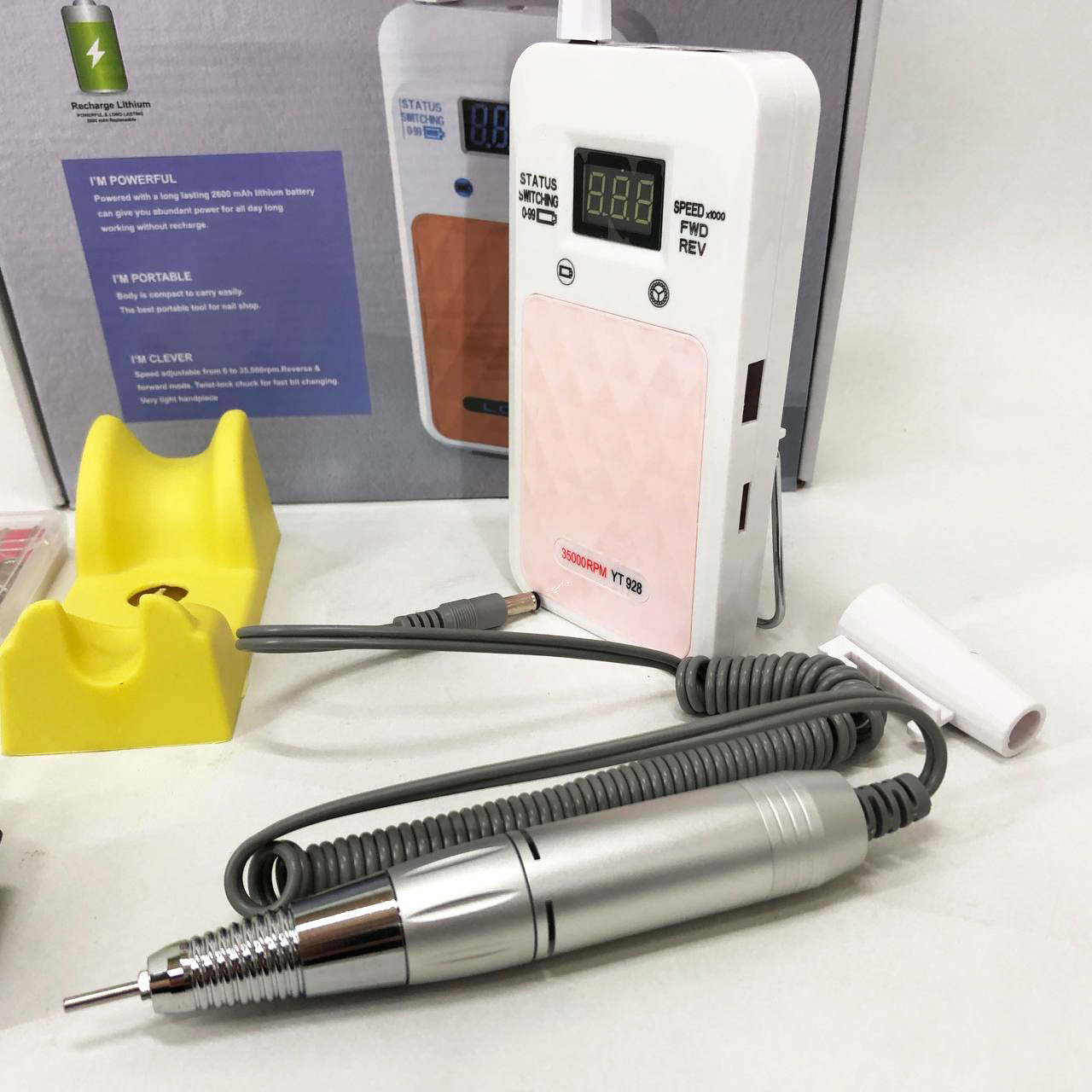 Портативний фрезер для нігтів Nail Drill YT-928 акумуляторний з індикатором заряду на 35 000 оборотів. Колір:, фото 1