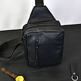 Сумка чоловіча - шкіряна, нагрудна сумка слінг шкіряна чорна на 3 кишені, чоловіча сумка на груди, фото 5