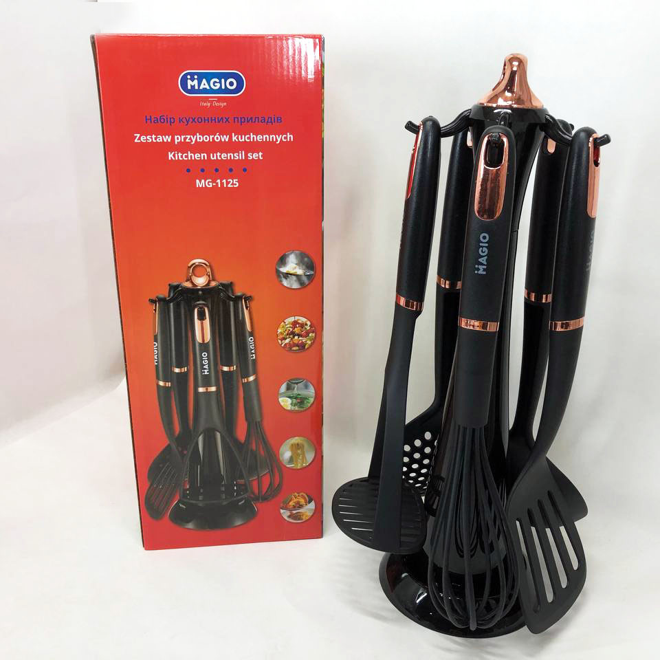 Набір кухонних приладів Magio MG-1125, набір поварешок на підставці, набір силіконових приладів для кухні, фото 1