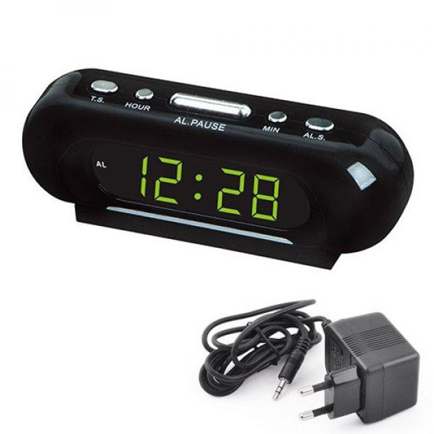 Годинник VST-716-2 настільний 220 В будильник Чорний корпус Світло-зелені цифри, фото 1