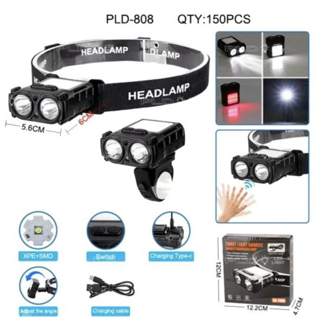 Ліхтар налобний SH-T808-2XPE-20SMD-white/red з датчиком руху, потужний налобний ліхтар для риболовлі, фото 1