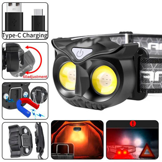 Ліхтар налобний WT208 2COB, білий, червоний, Налібний ліхтарик з usb зарядкою, Водонепроникний ліхтарик, фото 1