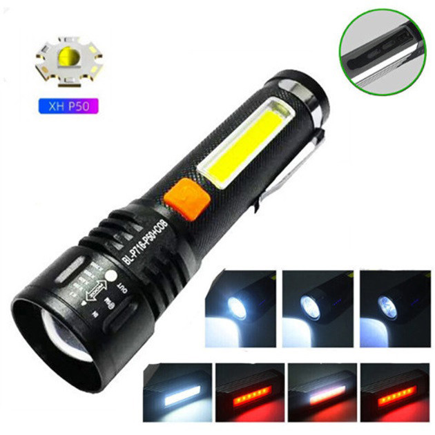 Ліхтар акумуляторний Bailong BL-P716-P50+COB white+red, Портативний світлодіодний ліхтар із зарядкою, фото 1