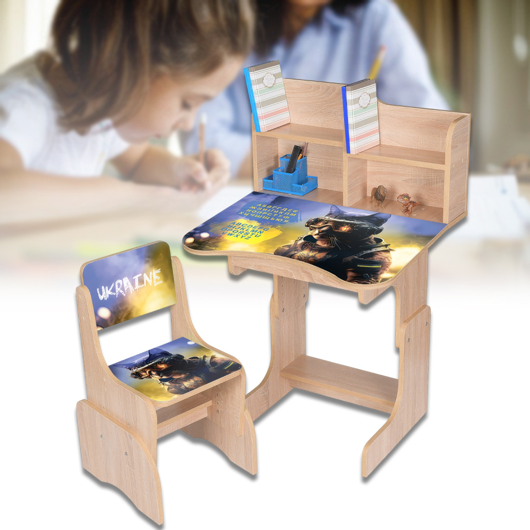 Дитяча парта 69.5х44.5 см регульована з малюнком Кота Війна та стільчиком N 2071-2-3 Дуб сонома, фото 1