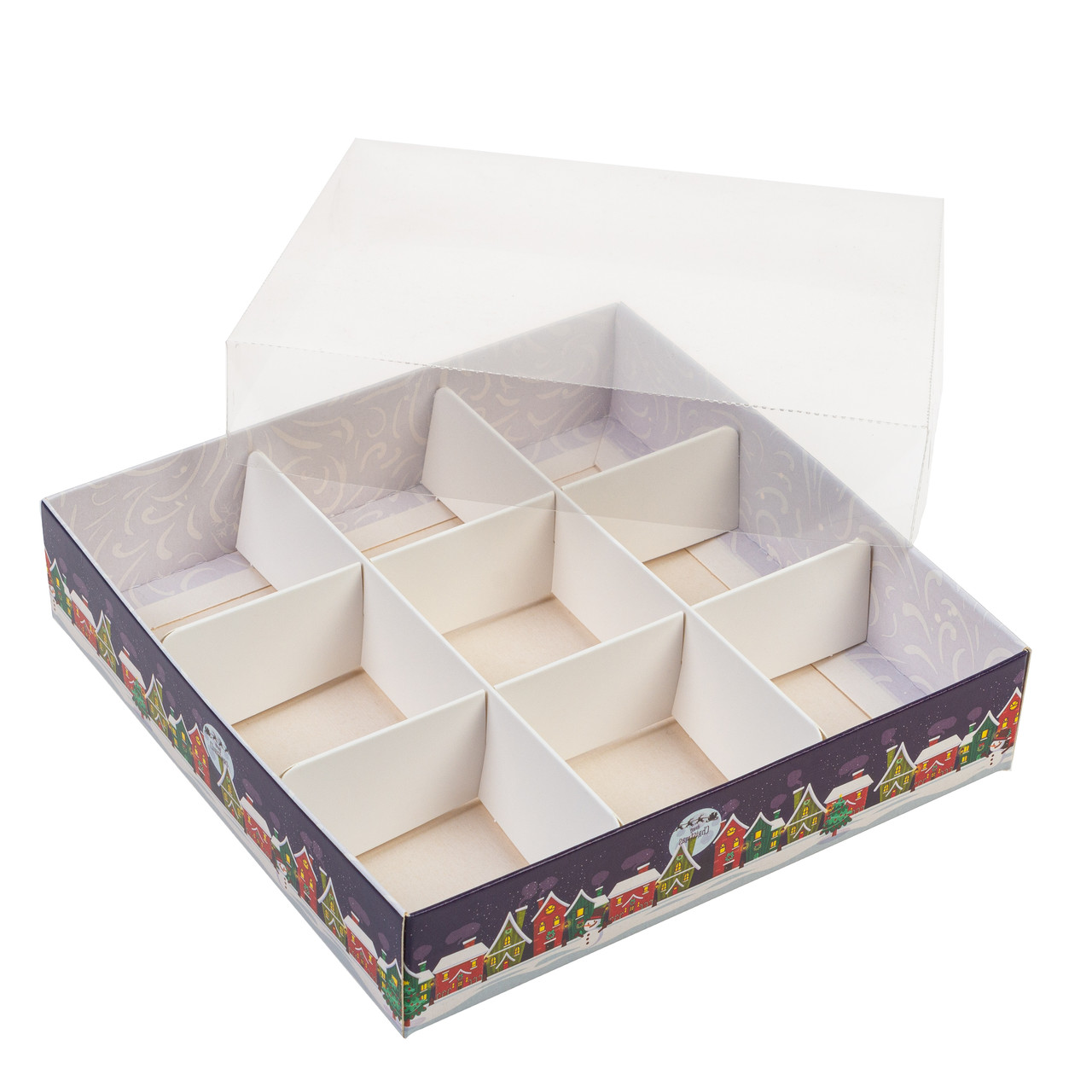 Коробка 160х160х35 для сухофруктів з прозорою кришкою "Будиночки", фото 1