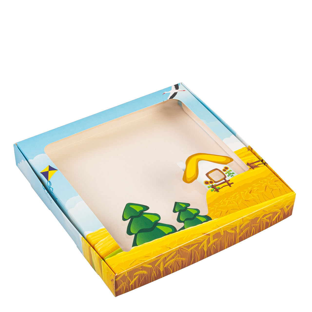 Коробка 200х200х30 для пряника з вікном "Хатинка" жовто-блакитна, фото 1