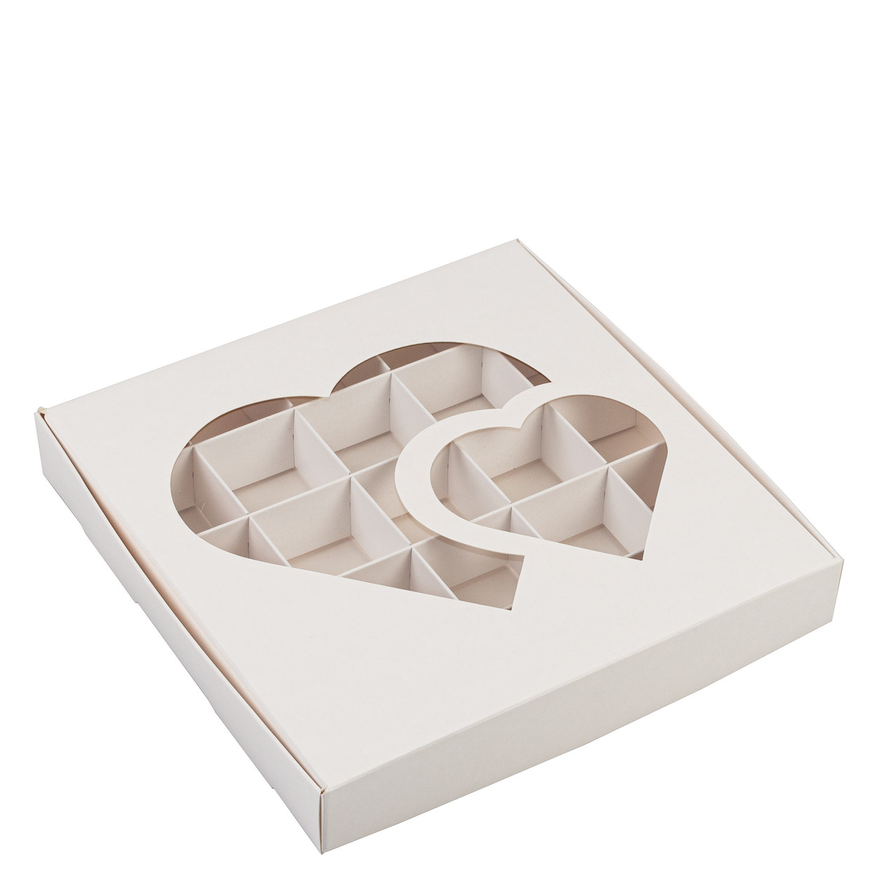 Коробка 200х200х30 (на 25 цукерок) з вікном "Два серця", біла, фото 1