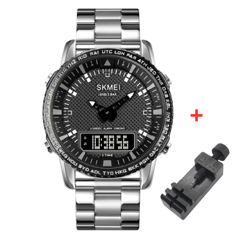 Skmei 1898SIBK Silver-Black Чоловічий годинник із подвійною індикацією часу на металевому браслеті.