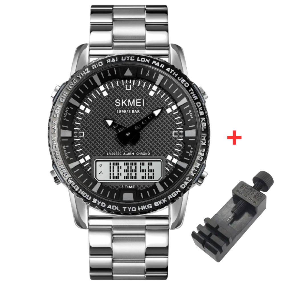 Skmei 1898SIWT Silver-White Чоловічий годинник із подвійною індикацією часу на металевому браслеті.