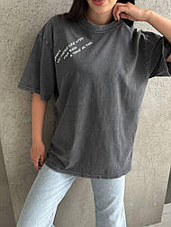 Футболка довга оверсайз тай дай "потерта" варенка сіра з написом зі 100% бавовни