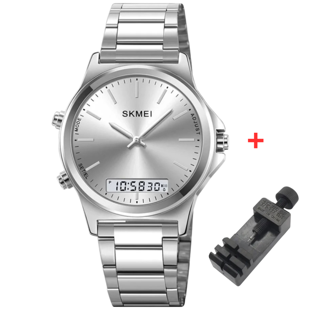 Skmei 2120SISI Silver-Silver Чоловічий годинник із подвійною індикацією часу на металевому браслеті.