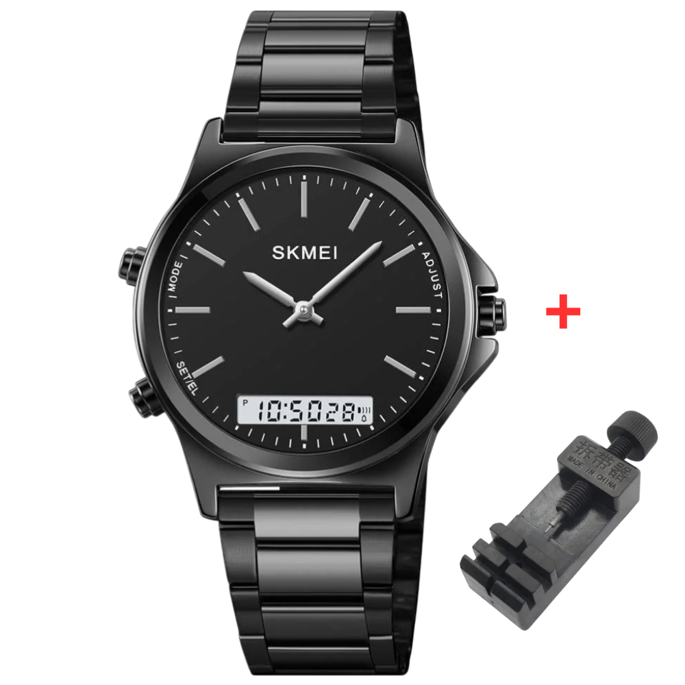 Skmei 2120BKBK Black-Black Чоловічий годинник із подвійною індикацією часу на металевому браслеті.